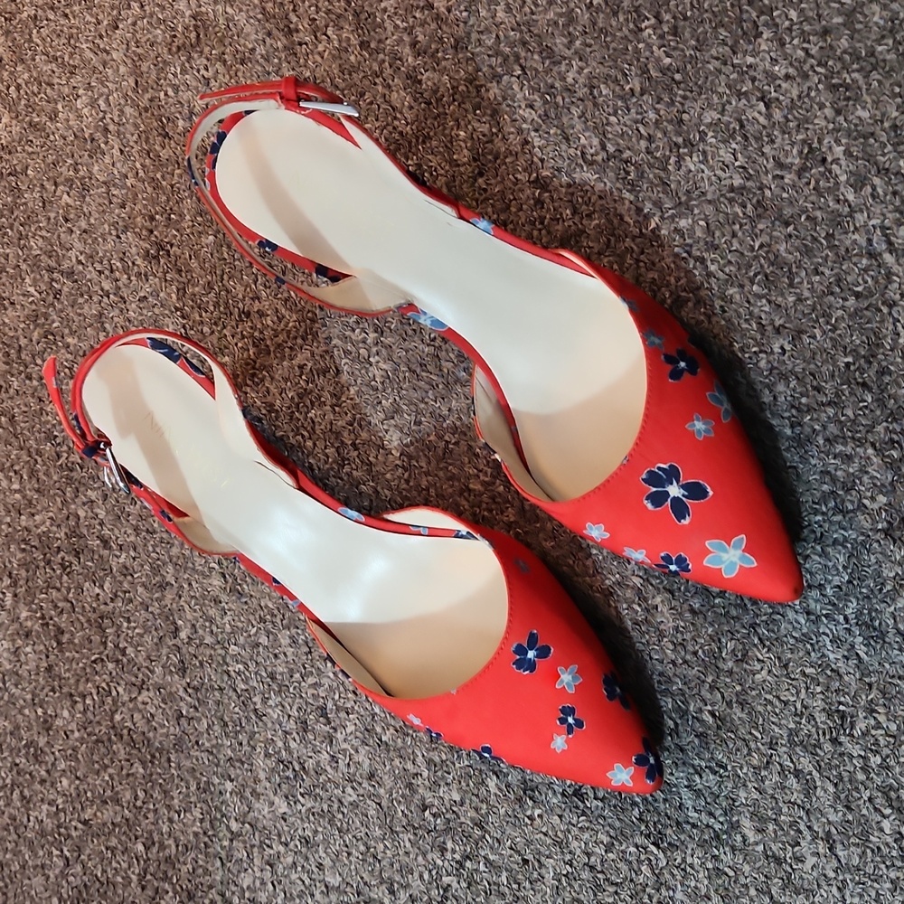 Nine West D'orsay Floral Woven Fabric Red Heels Strappy Formal  Shoes Like New